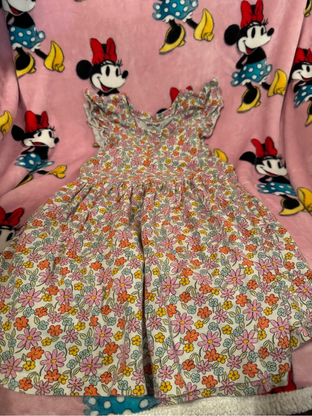Girls Floral Ruffle Sleeve Dress - Pink & Orange Old Navy Size 6 7 Small C4